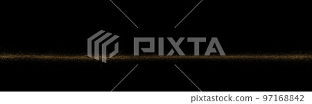 Golden horizontal stripe, plume crumbs. Gold abstract sprinkled texture, jewelry dust in black background. Sand particles or pieces. 97168842