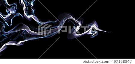 Digital art technology smoke streaks in black background. Abstract blue and violet dynamic lines transparent dark composition. Neon glowing hi-tech futuristic image. 97168843
