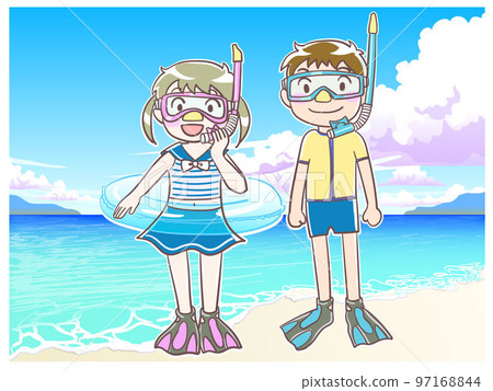 浮潛的孩子和海背景 浮潛的孩子和海背景 97168844