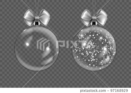 Vector Realistic 3d Transparent Christmas Glass Ball Set with Silver Glitter Closeup Isolated. Design Template of Xmas and New Year Tree Toy Decoration Ball for Mockup. Front View 97168929