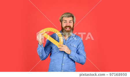 Teacher of stem. Calculation and data. Measurement tool. Measuring angle. School education. Free education. Teaching you. Bearded man use protractor. Education concept. Study hard. Back to school 97168930