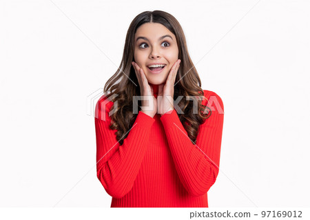 amazed teen girl isolated on white background. teen girl in studio. young teen girl. 97169012
