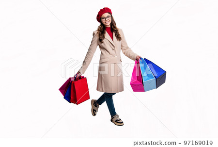 full length of teen girl hold shopping bags isolated on white. teen girl hold shopping bags 97169019