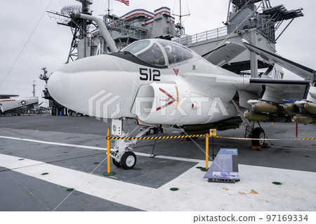 San Diego, USA. September 20, 2022. White fighter jet on USS Midway displayed at historical naval aircraft carrier museum San Diego, USA. September 20, 2022. White fighter jet on USS Midway displayed at historical naval aircraft carrier museum 97169334