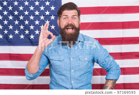 explore america on vacation. happy man with ok gesture. successful trip to usa. patriotic and national glory. English studying speak. express pure happiness. follow american traditions 97169593