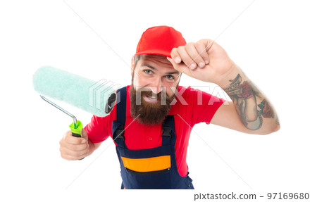 cheerful man painter with paintroller isolated on white background. man painter with paintroller. 97169680