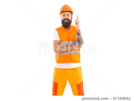 studio shot of inspired with idea builder wearing helmet. builder isolated on white background. 97169682