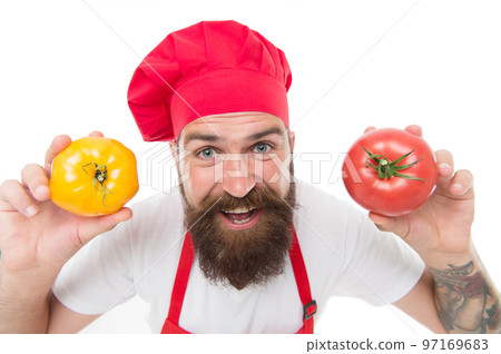 Tomato diet. Happy chef cook with tomato vegetables. Bearded man cook hold tomato in hands isolated on white. Tomato salsa or ketchup. Gazpacho. Mediterranean cuisine. Healthy cooking and eating Tomato diet. Happy chef cook with tomato vegetables. Bearded man cook hold tomato in hands isolated on white. Tomato salsa or ketchup. Gazpacho. Mediterranean cuisine. Healthy cooking and eating 97169683