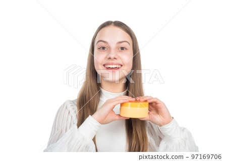 happy child presenting beauty cosmetic product of facial skin cream isolated on white, skincare happy child presenting beauty cosmetic product of facial skin cream isolated on white, skincare 97169706