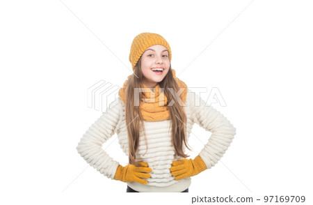 happy child in knitted hat scarf and gloves warm clothes isolated on white, warm clothes happy child in knitted hat scarf and gloves warm clothes isolated on white, warm clothes 97169709