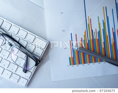 Business image of graphs, personal computers, and glasses 97169875