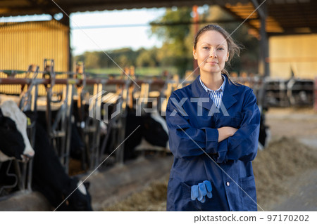 Portrait of confident woman cow farm worker 97170202