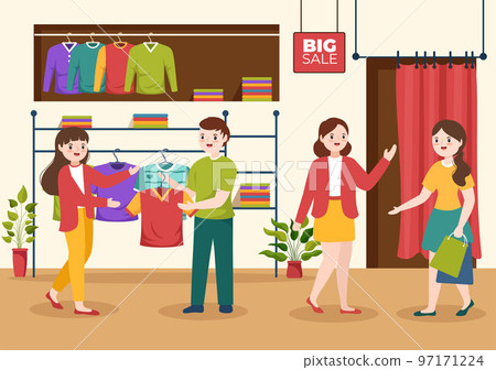 T shirt Store for Buying New Products Clothing or Outfit with Various Color and Model in Flat Cartoon Hand Drawn Templates Illustration T shirt Store for Buying New Products Clothing or Outfit with Various Color and Model in Flat Cartoon Hand Drawn Templates Illustration 97171224