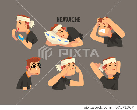 Sick Man with Bandaged Head Having Headache Massaging Temple and Lying on Pillow Vector Set 97171367