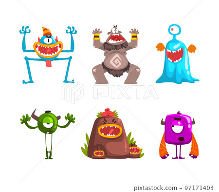 Monster with Wide Open Toothy Mouth in Frightening Pose Vector Set 97171403