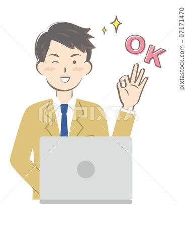 一個穿西裝的年輕人通過操作電腦做出 OK 的手勢 97171470