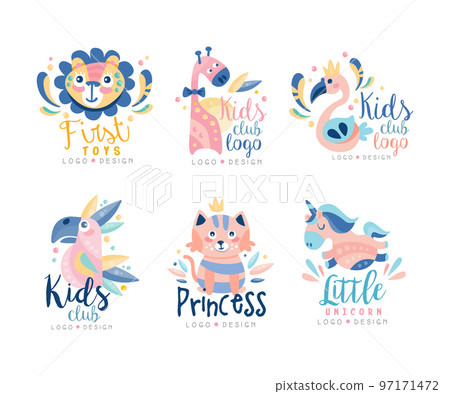 Baby Animal Club or Shop Logo Design with Cute Mammals Vector Set 97171472