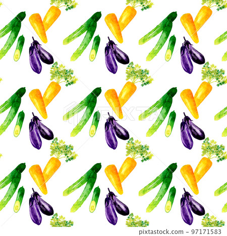 胡蘿蔔、黃瓜和茄子圖案手繪水彩插圖蔬菜圖案 97171583