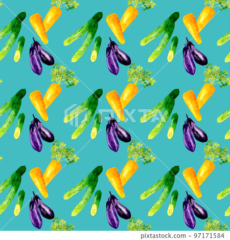 胡蘿蔔、黃瓜和茄子圖案手繪水彩插圖蔬菜圖案 97171584