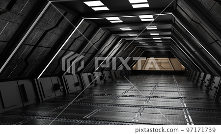 Inside spaceship or space station interior, Sci-Fi tunnel, corridor with empty space, 3D rendering 97171739