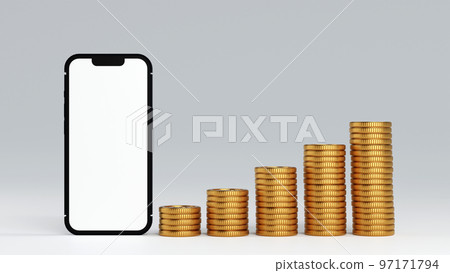 Smartphone with gold coins, concept of management online business with mobile phone. 3D rendering. Smartphone with gold coins, concept of management online business with mobile phone. 3D rendering. 97171794