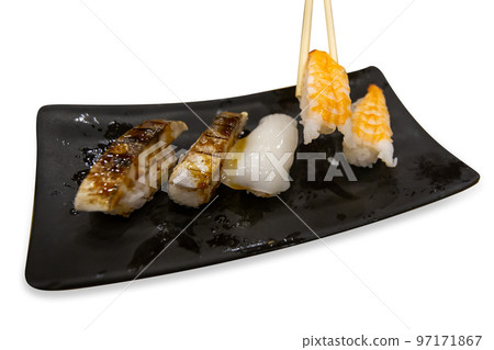 Top view of sushi set of saba and shrimp grill serve with slide dish, focus selective 97171867