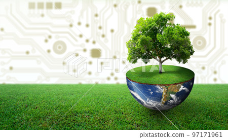 Tree growing on half of earth with green grass. Digital and Technology Convergence. Green Computing, Green Technology, Green IT, csr, and IT ethics Concept. Image furnished by NASA. 97171961