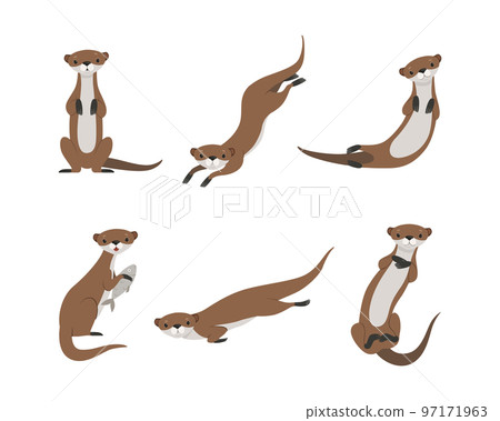 Sea Otter as Marine Mammal and Aquatic Creature with Brown Coat and Long Tail Sitting and Swimming Vector Set 97171963