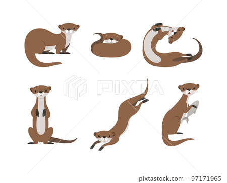 Sea Otter as Marine Mammal and Aquatic Creature with Brown Coat and Long Tail Sitting and Swimming Vector Set 97171965
