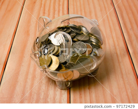 The piggy bank on wood table for earn or saving concept 97172429