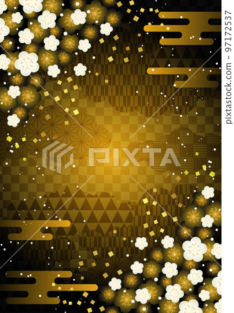 Corner plum and Japanese pattern cloud gold background vertical 97172537