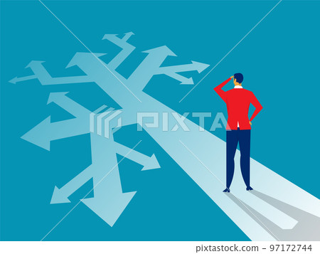 Businessman Standing on the Crossroads for Decision Which Way at arrows pointing to many directions.  vector illustration.  97172744