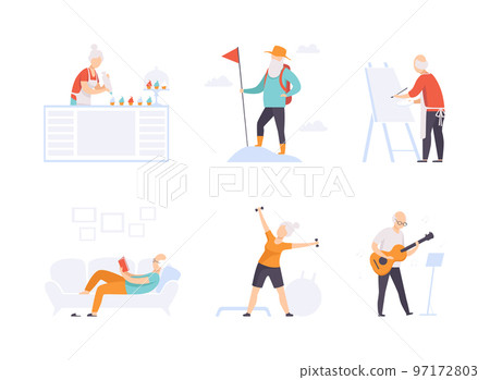 Senior Man and Woman Engaged in Different Activity on Retirement Vector Set 97172803