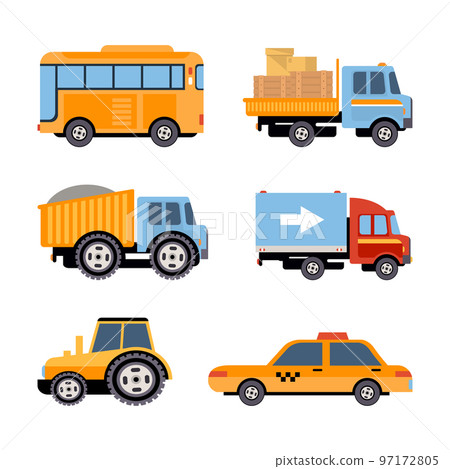 Bus, Lorry, Delivery Truck, Dump, Tractor and Taxi as Motor Vehicle and Urban Transport Vector Set 97172805