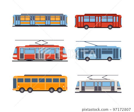 Tram or Streetcar, Bus and Train as Rail Vehicle Driving Along Urban Streets Vector Set 97172807