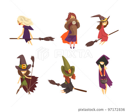 Cute Little Witch in Pointed Hat Flying on Broomstick Vector Set Cute Little Witch in Pointed Hat Flying on Broomstick Vector Set 97172836