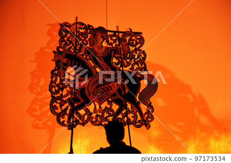 Thai shadow puppet art at Rachaburi province, Thailand. 97173534