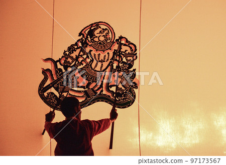 Thai shadow puppet art at Rachaburi province, Thailand. Thai shadow puppet art at Rachaburi province, Thailand. 97173567