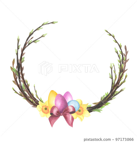 Willow wreath watercolor with colored eggs, daffodil, red bow isolated on white. Hand drawing Easter illustration design 97173866