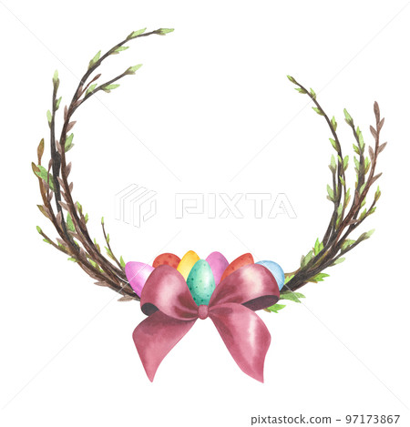 Willow wreath watercolor with colored eggs, daffodil, red bow isolated on white. Hand drawing Easter illustration design 97173867