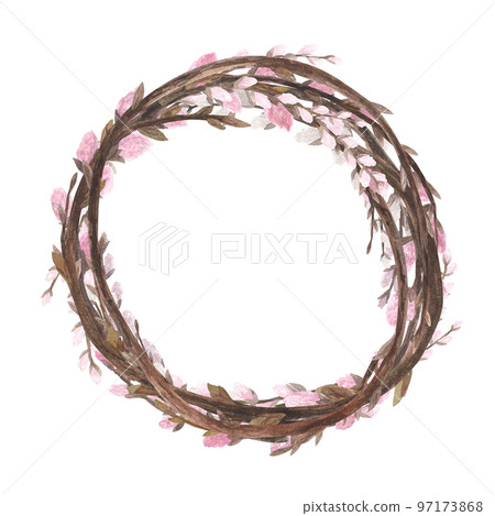 Pink pussy willow wreath watercolor with spring branch isolated on white. Hand drawing Easter illustration for design 97173868