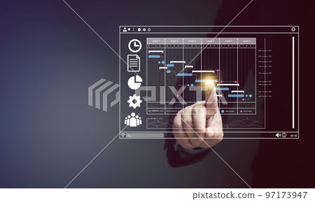 Businessman touching touch screen opening corporate work schedule production schedule management concept production work schedule Businessman touching touch screen opening corporate work schedule production schedule management concept production work schedule 97173947