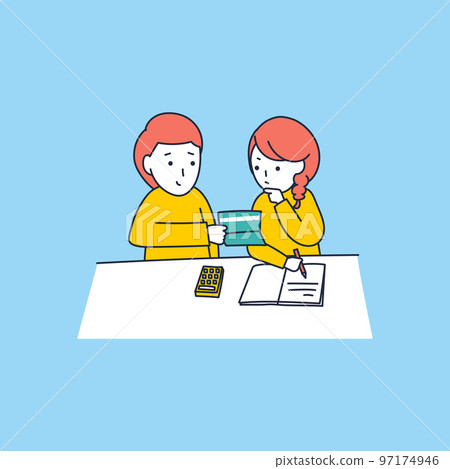 Illustration material of a young couple keeping a household account book while looking at a savings passbook 97174946