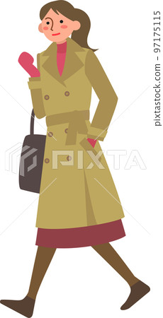 穿著風衣走路的年輕女人 97175115