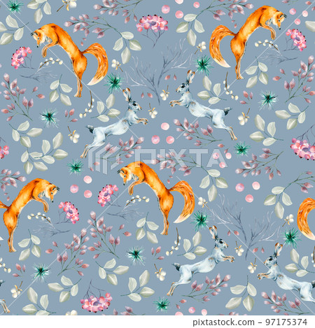 Winter plants, hare and fox watercolor seamless pattern isolated on blue. 97175374