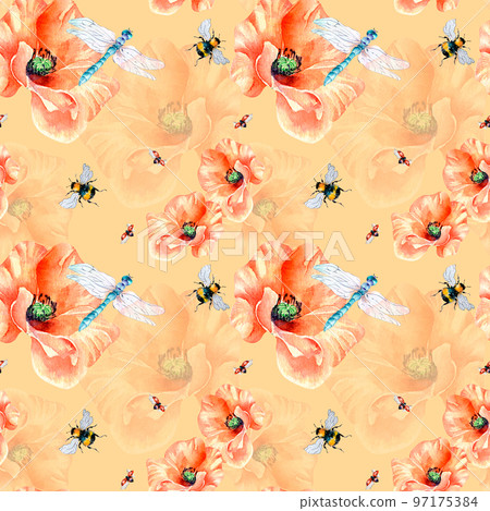 Meadow poppies with beetle watercolor seamless pattern on orange. 97175384
