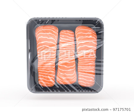 Raw fish in plastic package, fresh salmon steak in black food container isolated on white background 3d render. Realistic trout fillet, seafood product in hermetic tray, top view 97175701