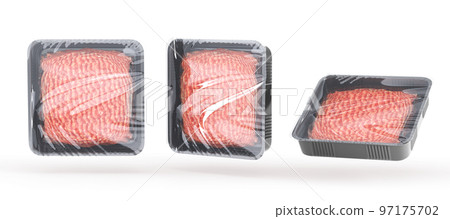 Black food container with fresh raw minced meat 3d render. Realistic set of hermetic plastic trays with ground beef, pork or lamb. Mockup packaging isolated on white background 97175702