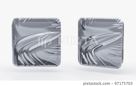 Black plastic trays for food, mockup empty square styrofoam containers with transparent film wrapper 3d render. Realistic set of polystyrene package for lunch, meal and fresh products 97175703