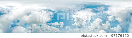 Seamless panorama of sky with puffy Cumulus clouds in spherical equirectangular format with complete zenith for use in 3D graphics, game and composites in aerial drone 360 degree panoramas as sky dome Seamless panorama of sky with puffy Cumulus clouds in spherical equirectangular format with complete zenith for use in 3D graphics, game and composites in aerial drone 360 degree panoramas as sky dome 97176160
